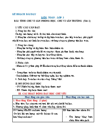 Giáo án Toán Lớp 3 (Chân trời sáng tạo) - Tuần 27, Bài: Thực hành và trải nghiệm Tính chu vi sàn phòng học, chu vi sân trường (Tiết 1)