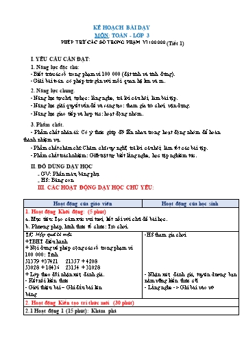 Giáo án Toán Lớp 3 (Chân trời sáng tạo) - Tuần 29, Bài: Phép trừ các số trong phạm vi 100000 (Tiết 1)