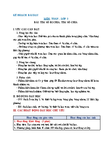 Giáo án Toán Lớp 3 (Chân trời sáng tạo) - Tuần 3, Bài: Tìm số bị chia, tìm số chia