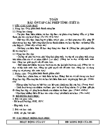 Giáo án Toán Lớp 3 (Chân trời sáng tạo) - Tuần 34, Bài: Ôn tập các phép tính (Tiết 3)