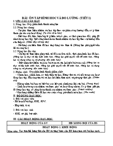 Giáo án Toán Lớp 3 (Chân trời sáng tạo) - Tuần 34, Bài: Ôn tập hình học và đo lường (Tiết 1)