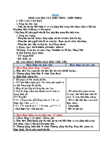 Giáo án Toán Lớp 3 (Chân trời sáng tạo) - Tuần 6, Bài: Tính giá trị của biểu thức (Tiết 2)