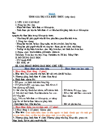 Giáo án Toán Lớp 3 (Chân trời sáng tạo) - Tuần 6, Bài: Tính giá trị của biểu thức (Tiết 3)