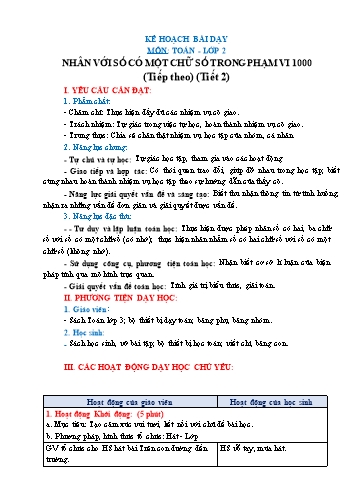 Giáo án Toán Lớp 3 (Chân trời sáng tạo) - Tuần 9, Bài: Nhân với số có một chữ số trong phạm vi 1000 (Tiết 2)