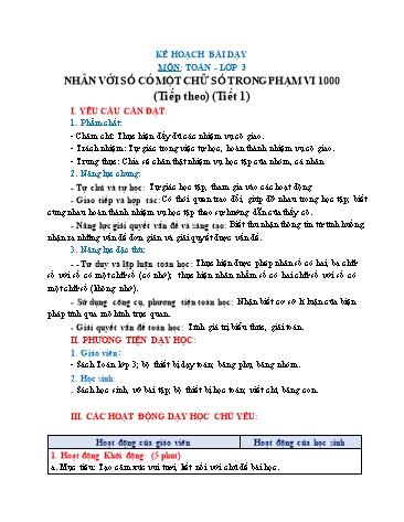 Giáo án Toán Lớp 3 (Chân trời sáng tạo) - Tuần 9, Bài: Nhân với số có một chữ số trong phạm vi 1000 (Tiết 3)