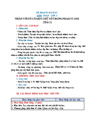 Giáo án Toán Lớp 3 (Chân trời sáng tạo) - Tuần 9, Bài: Nhân với số có một chữ số trong phạm vi 1000 (Tiết 1)