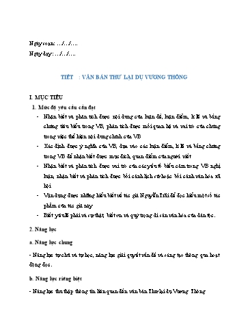 Giáo án Ngữ Văn 10 (Chân trời sáng tạo) - Tiết 53: Văn bản 2 "Thư lại dụ Vương Thông"