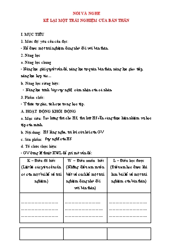 Giáo án Ngữ Văn 6 (Chân trời sáng tạo) - Tiết 35: Nói và nghe Kể lại một trải nghiệm của bản thân