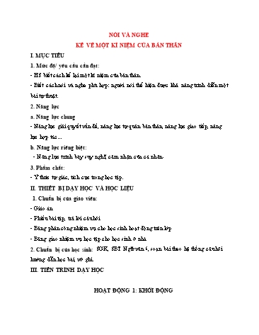 Giáo án Ngữ Văn 6 (Cánh Diều) - Bài 3: Kí (Hồi kí và du kí) - Phần 6: Nói và nghe Kể về một kỉ niệm của bản thân