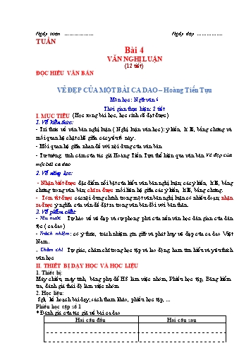 Giáo án Ngữ Văn 6 (Cánh Diều) - Bài 4: Văn bản nghị luận (Nghị Luận văn học) - Phần 2: Đọc hiểu văn bản Vẻ đẹp của một bài ca dao