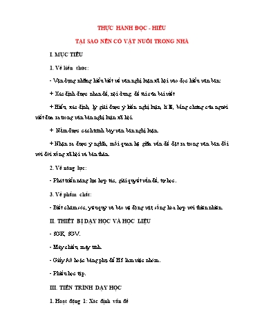 Giáo án Ngữ Văn 6 (Cánh Diều) - Bài 8: Văn bản nghị luận (Nghị luận xã hội) - Phần 4: Thực hành đọc hiểu Tại sao nên có vật nuôi trong nhà?