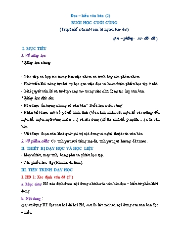 Giáo án Ngữ Văn 7 (Cánh Diều) - Bài 1: Truyện ngắn và tiểu thuyết - Phần 2: Đọc hiểu văn bản Buổi học cuối cùng