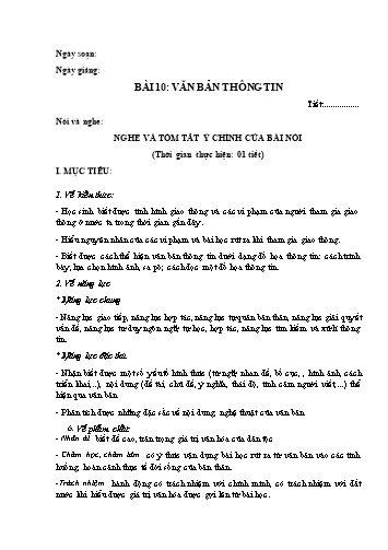 Giáo án Ngữ Văn 7 (Cánh Diều) - Bài 10: Văn bản thông tin - Phần 7: Nói và nghe Nghe và tóm tắt ý chính của người nói