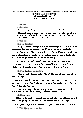 Giáo án KHTN 7 - Sinh Học (Chân trời sáng tạo) - Bài 36: Thực hành chứng minh sinh trưởng và phát triển ở thực vật, động vật