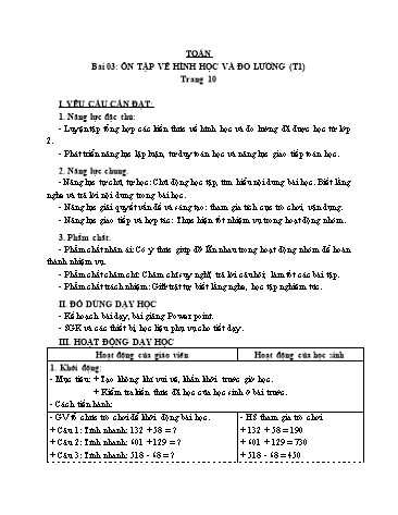 Giáo án Toán Lớp 3 (Cánh diều) - Tuần 1, Bài 3: Ôn tập về hình học và đo lường (Tiết 1)