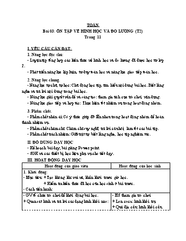 Giáo án Toán Lớp 3 (Cánh diều) - Tuần 1, Bài 3: Ôn tập về hình học và đo lường (Tiết 2)