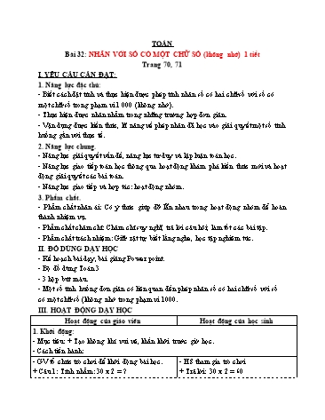 Giáo án Toán Lớp 3 (Cánh diều) - Tuần 10, Bài 32: Nhân với số có một chữ số (không nhớ)