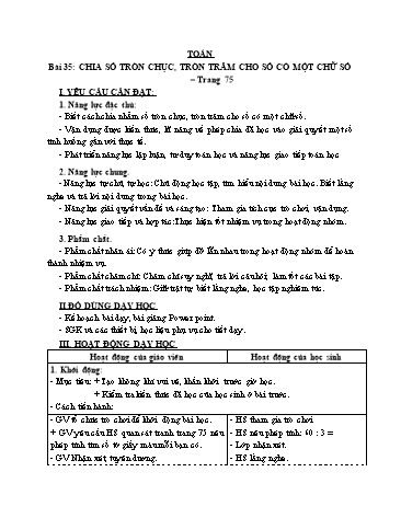 Giáo án Toán Lớp 3 (Cánh diều) - Tuần 11, Bài 35: Chia số tròn chục, tròn trăm cho số có một chữ số