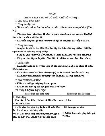 Giáo án Toán Lớp 3 (Cánh diều) - Tuần 11, Bài 36: Chia cho số có một chữ số