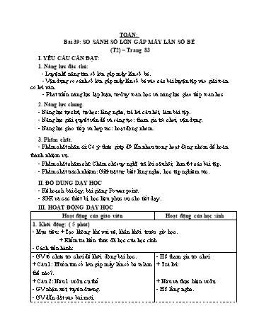 Giáo án Toán Lớp 3 (Cánh diều) - Tuần 12, Bài 39: So sánh số lớn gấp mấy lần số bé (Tiết 2)