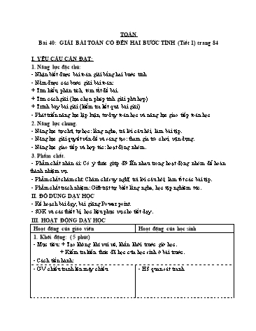 Giáo án Toán Lớp 3 (Cánh diều) - Tuần 12, Bài 40: Giải bài toán có đến hai bước tính (Tiết 1)