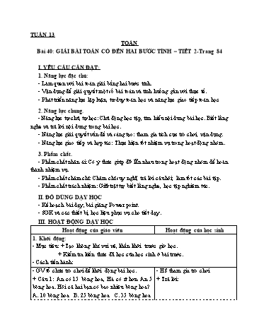 Giáo án Toán Lớp 3 (Cánh diều) - Tuần 13, Bài 40: Giải bài toán có đến hai bước tính (Tiết 2)