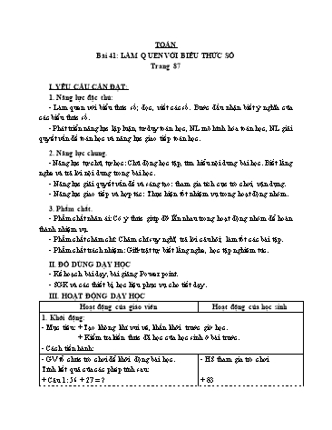 Giáo án Toán Lớp 3 (Cánh diều) - Tuần 13, Bài 41: Làm quen với biểu thức số