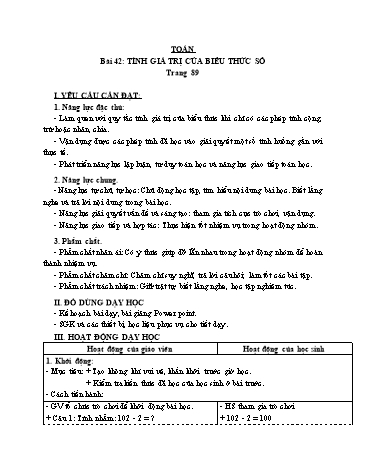 Giáo án Toán Lớp 3 (Cánh diều) - Tuần 13, Bài 42: Tính giá trị của biểu thức số