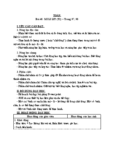 Giáo án Toán Lớp 3 (Cánh diều) - Tuần 14, Bài 46: Mi-li-lít (Tiết 1)