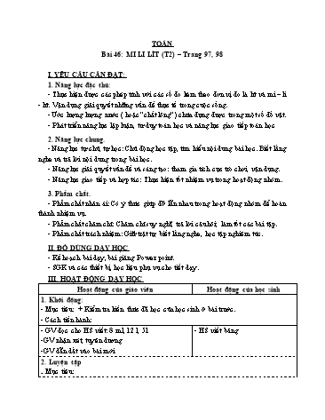 Giáo án Toán Lớp 3 (Cánh diều) - Tuần 14, Bài 46: Mi-li-lít (Tiết 2)