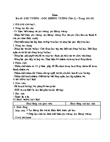 Giáo án Toán Lớp 3 (Cánh diều) - Tuần 15, Bài 48: Góc vuông. Góc không vuông (Tiết 1)