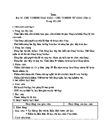 Giáo án Toán Lớp 3 (Cánh diều) - Tuần 15, Bài 50: Chu vi hình tam giác. Chu vi hình tứ giác (Tiết 2)