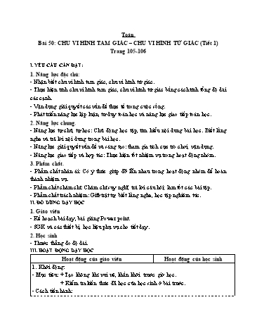 Giáo án Toán Lớp 3 (Cánh diều) - Tuần 15, Bài 50: Chu vi hình tam giác. Chu vi hình tứ giác (Tiết 1)