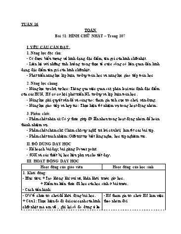 Giáo án Toán Lớp 3 (Cánh diều) - Tuần 16, Bài 51: Hình chữ nhật