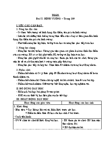 Giáo án Toán Lớp 3 (Cánh diều) - Tuần 16, Bài 52: Hình vuông