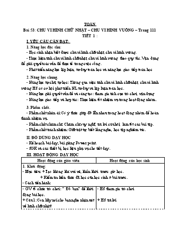 Giáo án Toán Lớp 3 (Cánh diều) - Tuần 16, Bài 53: Chu vi hình chữ nhật. Chu vi hình vuông (Tiết 1)