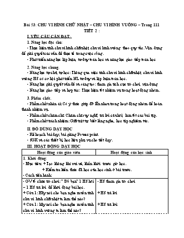 Giáo án Toán Lớp 3 (Cánh diều) - Tuần 16, Bài 53: Chu vi hình chữ nhật. Chu vi hình vuông (Tiết 2)