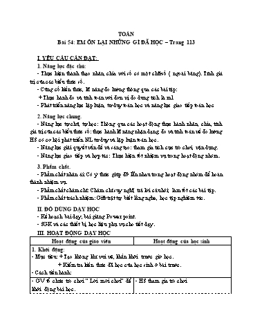 Giáo án Toán Lớp 3 (Cánh diều) - Tuần 16, Bài 54: Em ôn lại những gì đã học (Tiết 1)