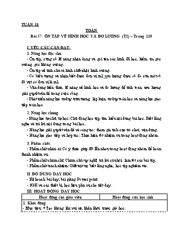 Giáo án Toán Lớp 3 (Cánh diều) - Tuần 18, Bài 57: Ôn tập về hình học và đo lường (Tiết 1)