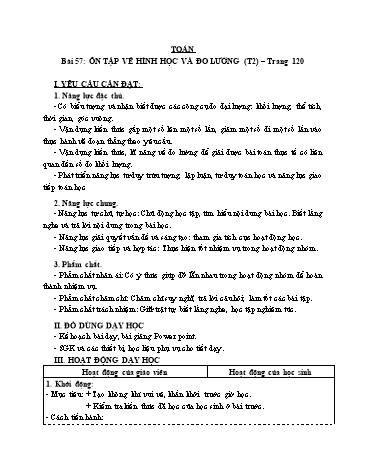 Giáo án Toán Lớp 3 (Cánh diều) - Tuần 18, Bài 57: Ôn tập về hình học và đo lường (Tiết 2)