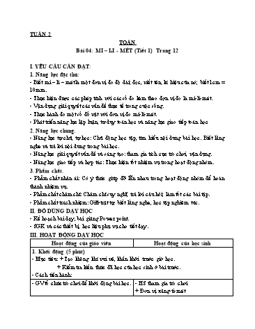 Giáo án Toán Lớp 3 (Cánh diều) - Tuần 2, Bài 4: Mi-li-mét (Tiết 1)