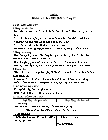 Giáo án Toán Lớp 3 (Cánh diều) - Tuần 2, Bài 4: Mi-li-mét (Tiết 2)