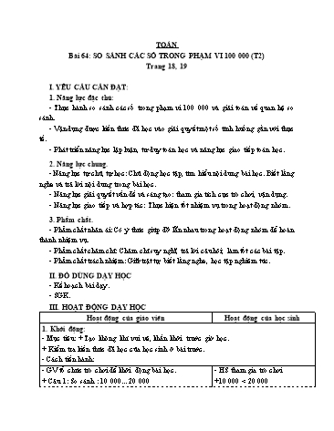 Giáo án Toán Lớp 3 (Cánh diều) - Tuần 20, Bài 64: So sánh các số trong phạm vi 100 000 (Tiết 2)