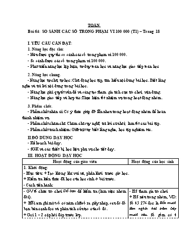 Giáo án Toán Lớp 3 (Cánh diều) - Tuần 20, Bài 64: So sánh các số trong phạm vi 100 000 (Tiết 1)