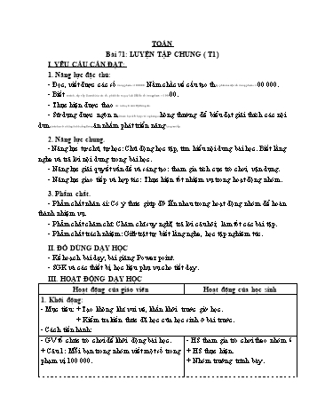 Giáo án Toán Lớp 3 (Cánh diều) - Tuần 22, Bài 71: Luyện tập chung (Tiết 1)