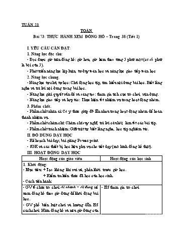 Giáo án Toán Lớp 3 (Cánh diều) - Tuần 23, Bài 73: Thực hành xem đồng hồ (Tiết 1)