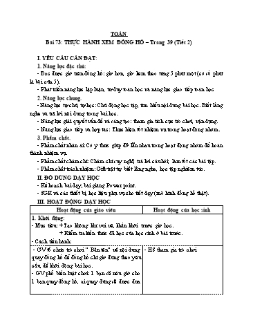 Giáo án Toán Lớp 3 (Cánh diều) - Tuần 23, Bài 73: Thực hành xem đồng hồ (Tiết 2)