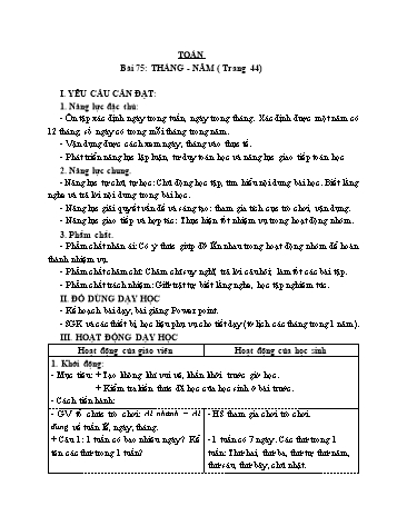 Giáo án Toán Lớp 3 (Cánh diều) - Tuần 23, Bài 75: Tháng-năm (Tiết 1)