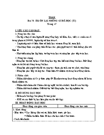 Giáo án Toán Lớp 3 (Cánh diều) - Tuần 24, Bài 76: Em ôn lại những gì đã học (Tiết 2)