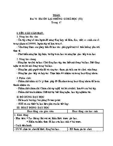 Giáo án Toán Lớp 3 (Cánh diều) - Tuần 24, Bài 76: Em ôn lại những gì đã học (Tiết 1)